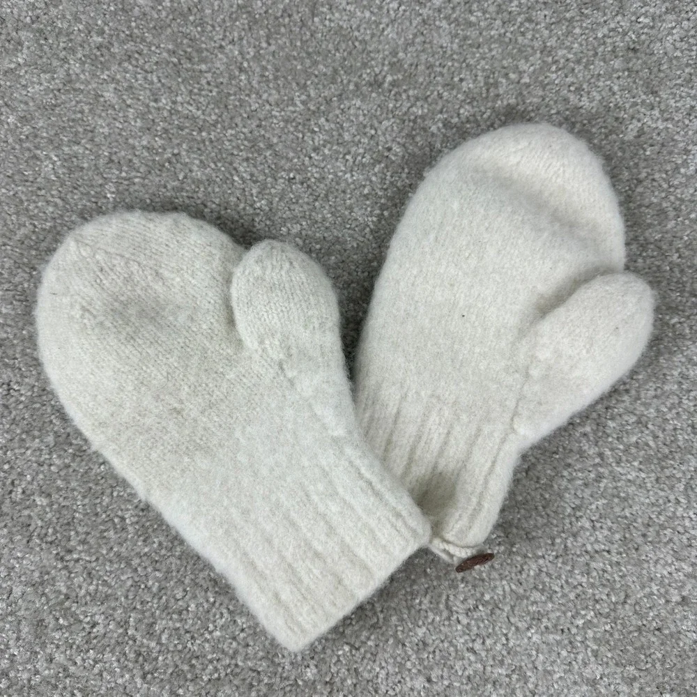 Handmade Wool Knit Mittens Cream White Winter Gloves with Button Detail
